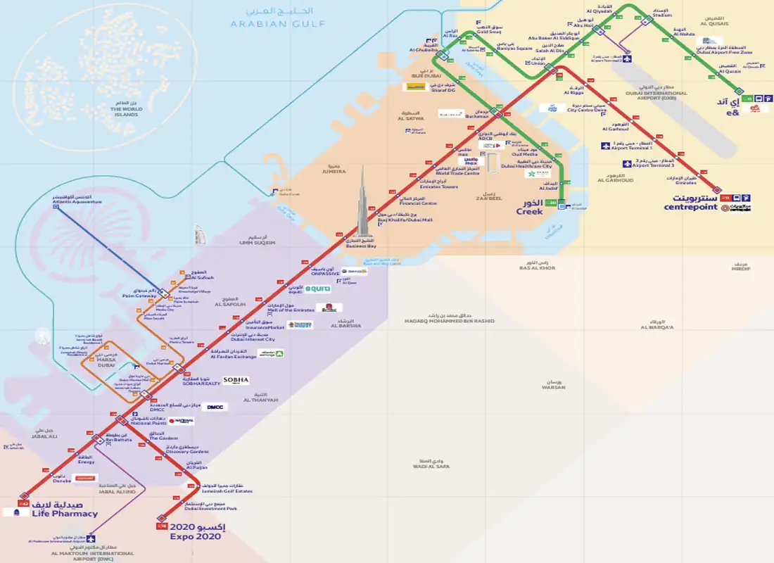 Schematic map of the Dubai Metro network: Red Line, Green Line, Dubai Tram, and the future Blue and Gold lines.